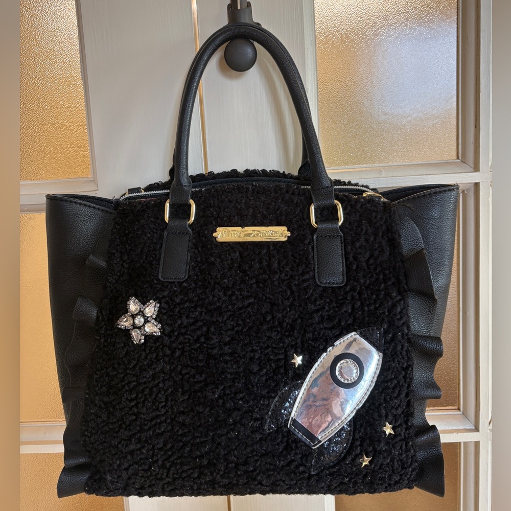 Betsey Johnson Black Sherpa Rocket Tote – Space Theme – Large